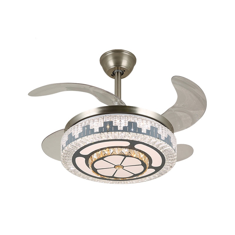 LED Circular Semi Flush Modern Stainless-Steel Clear Crystal Blocks 4 Blades Pendant Fan Light, 19" Wide Clearhalo 'Ceiling Fans with Lights' 'Ceiling Fans' 'Modern Ceiling Fans' 'Modern' Lighting' 1426138