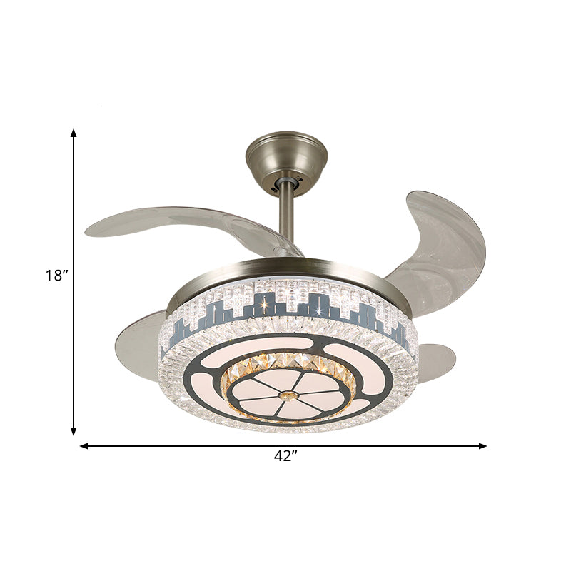 LED Circular Semi Flush Modern Stainless-Steel Clear Crystal Blocks 4 Blades Pendant Fan Light, 19" Wide Clearhalo 'Ceiling Fans with Lights' 'Ceiling Fans' 'Modern Ceiling Fans' 'Modern' Lighting' 1426140
