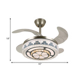 LED Circular Semi Flush Modern Stainless-Steel Clear Crystal Blocks 4 Blades Pendant Fan Light, 19" Wide Clearhalo 'Ceiling Fans with Lights' 'Ceiling Fans' 'Modern Ceiling Fans' 'Modern' Lighting' 1426140