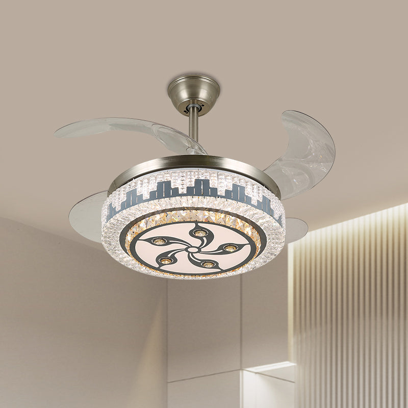 Stainless-Steel LED Hanging Fan Lamp Modern Clear Crystal Blocks Round Semi Flush Light with 4 Blades, 19" Width Stainless-Steel A Clearhalo 'Ceiling Fans with Lights' 'Ceiling Fans' 'Modern Ceiling Fans' 'Modern' Lighting' 1426146
