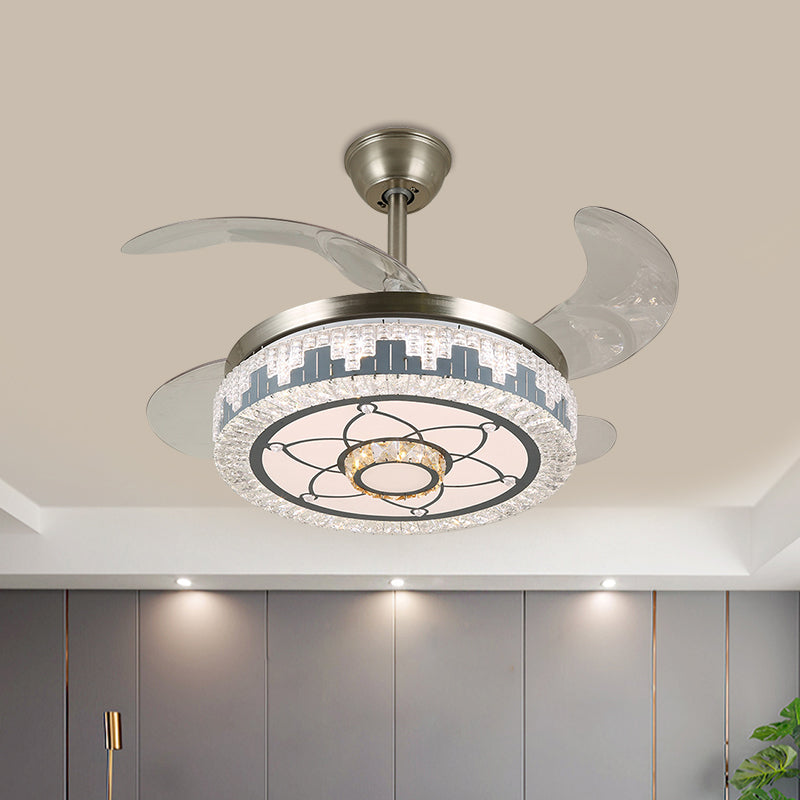Stainless-Steel LED Hanging Fan Lamp Modern Clear Crystal Blocks Round Semi Flush Light with 4 Blades, 19" Width Clearhalo 'Ceiling Fans with Lights' 'Ceiling Fans' 'Modern Ceiling Fans' 'Modern' Lighting' 1426151