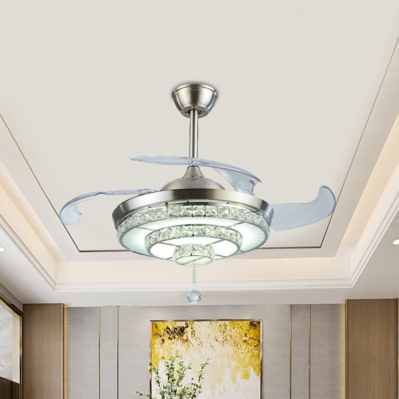 LED Tiered Round Ceiling Fan Light Contemporary Nickel Crystals 4-Blade Semi Flush Mount, 19" Wide Nickel Clearhalo 'Ceiling Fans with Lights' 'Ceiling Fans' 'Modern Ceiling Fans' 'Modern' Lighting' 1426160