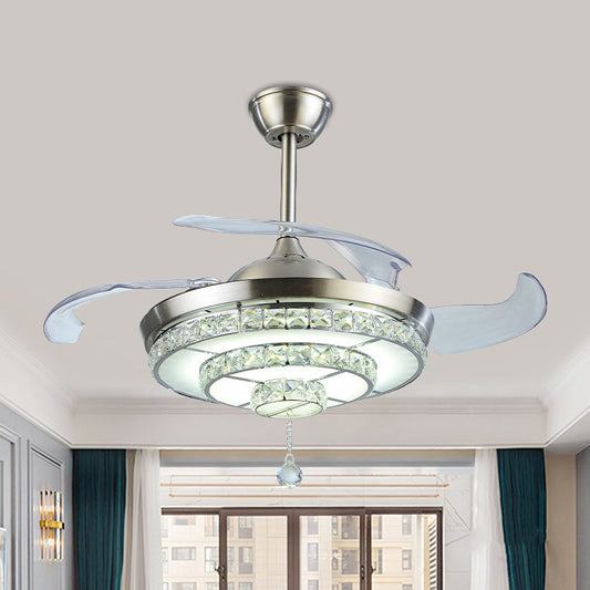 LED Tiered Round Ceiling Fan Light Contemporary Nickel Crystals 4-Blade Semi Flush Mount, 19" Wide Clearhalo 'Ceiling Fans with Lights' 'Ceiling Fans' 'Modern Ceiling Fans' 'Modern' Lighting' 1426161