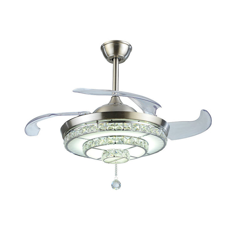 LED Tiered Round Ceiling Fan Light Contemporary Nickel Crystals 4-Blade Semi Flush Mount, 19" Wide Clearhalo 'Ceiling Fans with Lights' 'Ceiling Fans' 'Modern Ceiling Fans' 'Modern' Lighting' 1426162