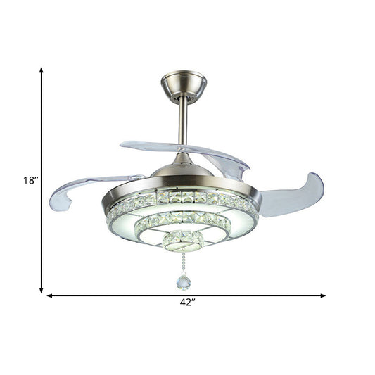 LED Tiered Round Ceiling Fan Light Contemporary Nickel Crystals 4-Blade Semi Flush Mount, 19" Wide Clearhalo 'Ceiling Fans with Lights' 'Ceiling Fans' 'Modern Ceiling Fans' 'Modern' Lighting' 1426163