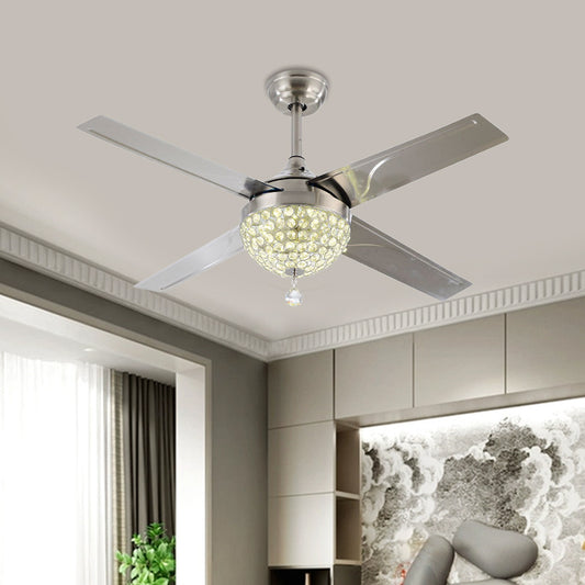 Clear Crystal Encrusted Nickel Semi Flush Bowl LED Contemporary Hanging Fan Light with 4 Blades, 52" Wide Nickel Clearhalo 'Ceiling Fans with Lights' 'Ceiling Fans' 'Modern Ceiling Fans' 'Modern' Lighting' 1426168