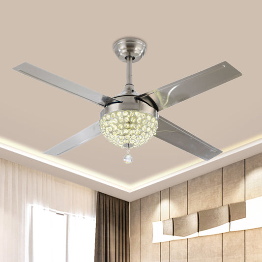 Clear Crystal Encrusted Nickel Semi Flush Bowl LED Contemporary Hanging Fan Light with 4 Blades, 52" Wide Clearhalo 'Ceiling Fans with Lights' 'Ceiling Fans' 'Modern Ceiling Fans' 'Modern' Lighting' 1426169