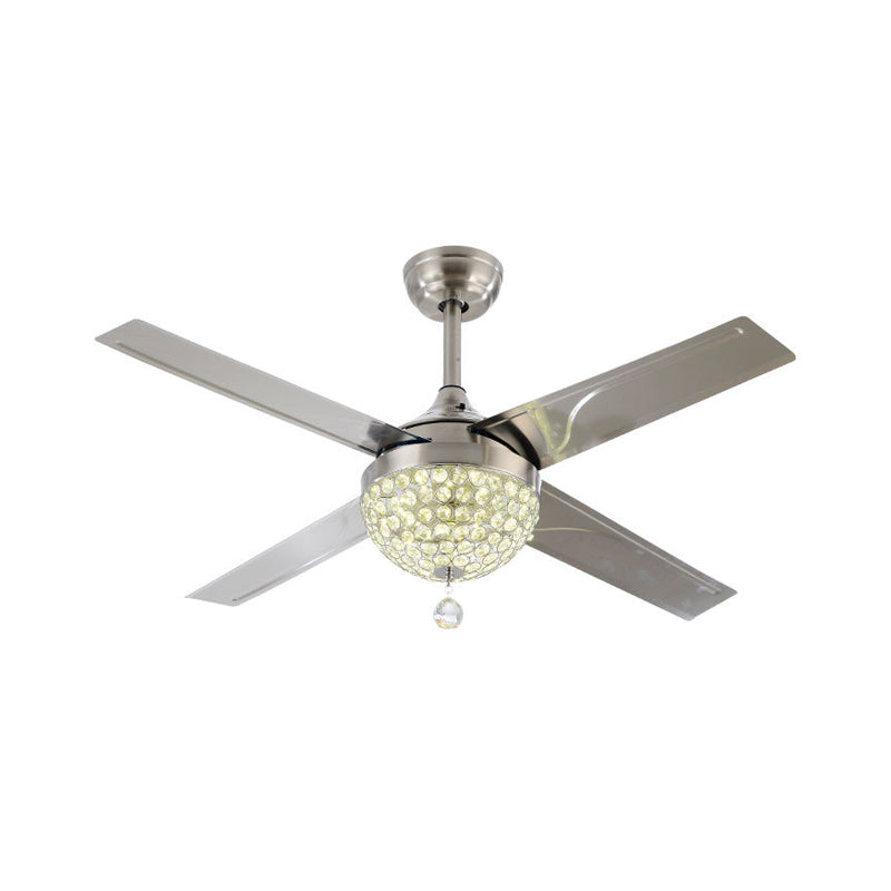 Clear Crystal Encrusted Nickel Semi Flush Bowl LED Contemporary Hanging Fan Light with 4 Blades, 52" Wide Clearhalo 'Ceiling Fans with Lights' 'Ceiling Fans' 'Modern Ceiling Fans' 'Modern' Lighting' 1426170