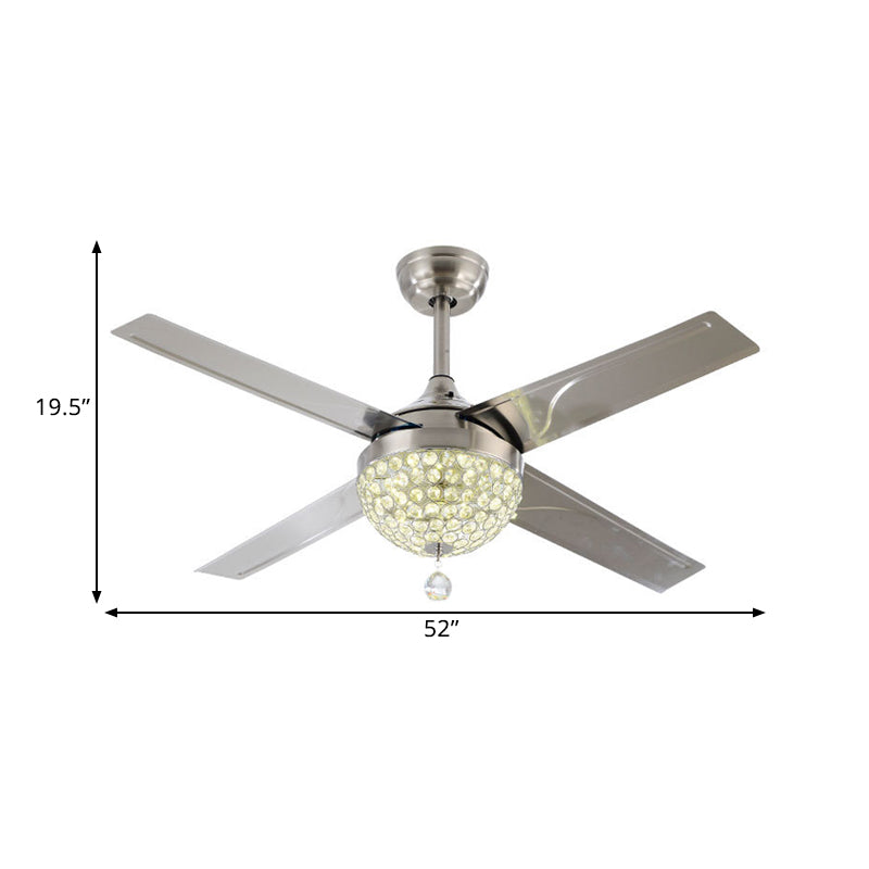 Clear Crystal Encrusted Nickel Semi Flush Bowl LED Contemporary Hanging Fan Light with 4 Blades, 52" Wide Clearhalo 'Ceiling Fans with Lights' 'Ceiling Fans' 'Modern Ceiling Fans' 'Modern' Lighting' 1426171