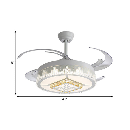 Crystal Blocks White Semi Mount Light Round Modern 4 Blades LED Ceiling Fan Lamp with Flower/Snowflake/Chinese Knot Pattern, 19" Wide Clearhalo 'Ceiling Fans with Lights' 'Ceiling Fans' 'Modern Ceiling Fans' 'Modern' Lighting' 1426182