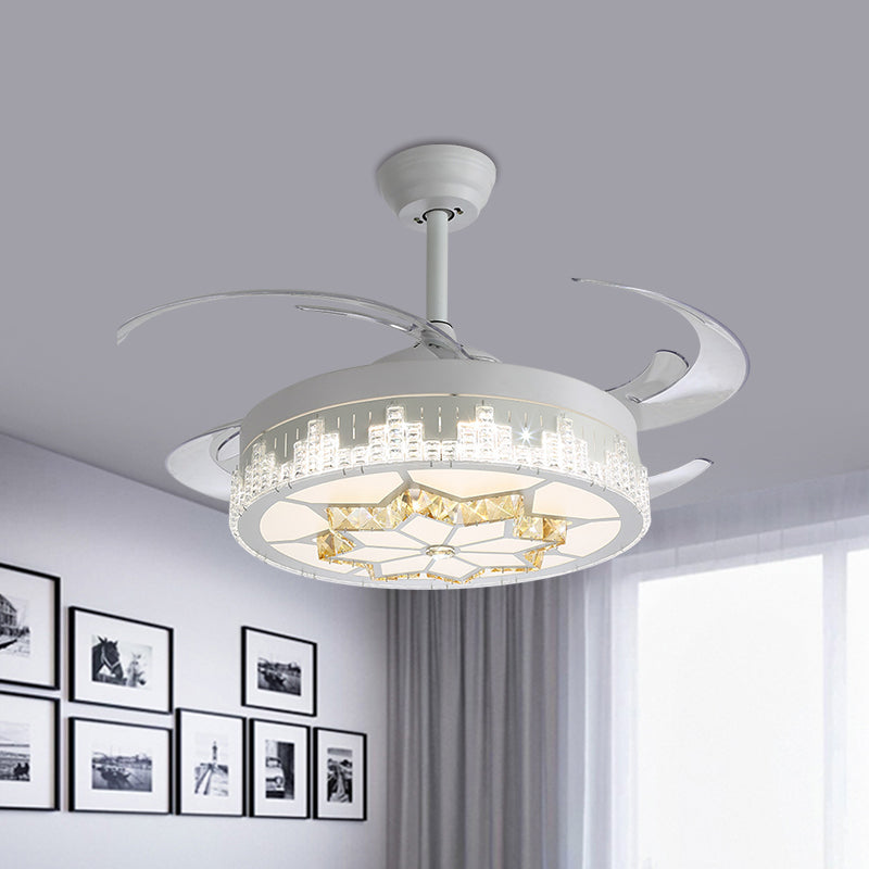 Crystal Blocks White Semi Mount Light Round Modern 4 Blades LED Ceiling Fan Lamp with Flower/Snowflake/Chinese Knot Pattern, 19" Wide White B Clearhalo 'Ceiling Fans with Lights' 'Ceiling Fans' 'Modern Ceiling Fans' 'Modern' Lighting' 1426183