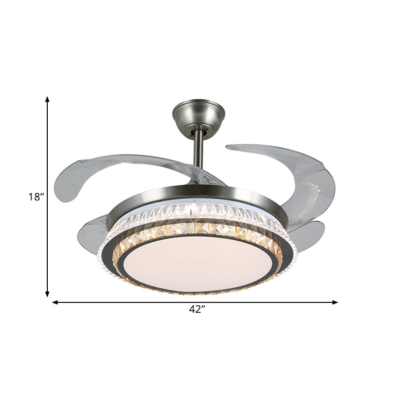 19" Width LED Semi Flush Mount Contemporary Round Clear Crystal Blocks 4 Blades Pendant Fan Lamp in Stainless-Steel with Rhombus/Six-Pointed Star Pattern Clearhalo 'Ceiling Fans with Lights' 'Ceiling Fans' 'Modern Ceiling Fans' 'Modern' Lighting' 1426240