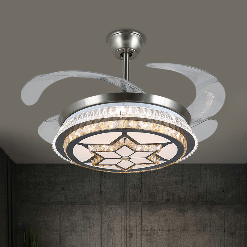 19" Width LED Semi Flush Mount Contemporary Round Clear Crystal Blocks 4 Blades Pendant Fan Lamp in Stainless-Steel with Rhombus/Six-Pointed Star Pattern Stainless-Steel B Clearhalo 'Ceiling Fans with Lights' 'Ceiling Fans' 'Modern Ceiling Fans' 'Modern' Lighting' 1426241