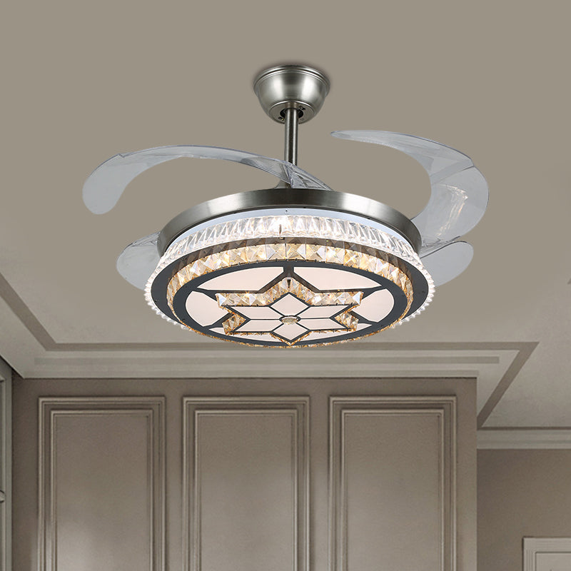 19" Width LED Semi Flush Mount Contemporary Round Clear Crystal Blocks 4 Blades Pendant Fan Lamp in Stainless-Steel with Rhombus/Six-Pointed Star Pattern Clearhalo 'Ceiling Fans with Lights' 'Ceiling Fans' 'Modern Ceiling Fans' 'Modern' Lighting' 1426242