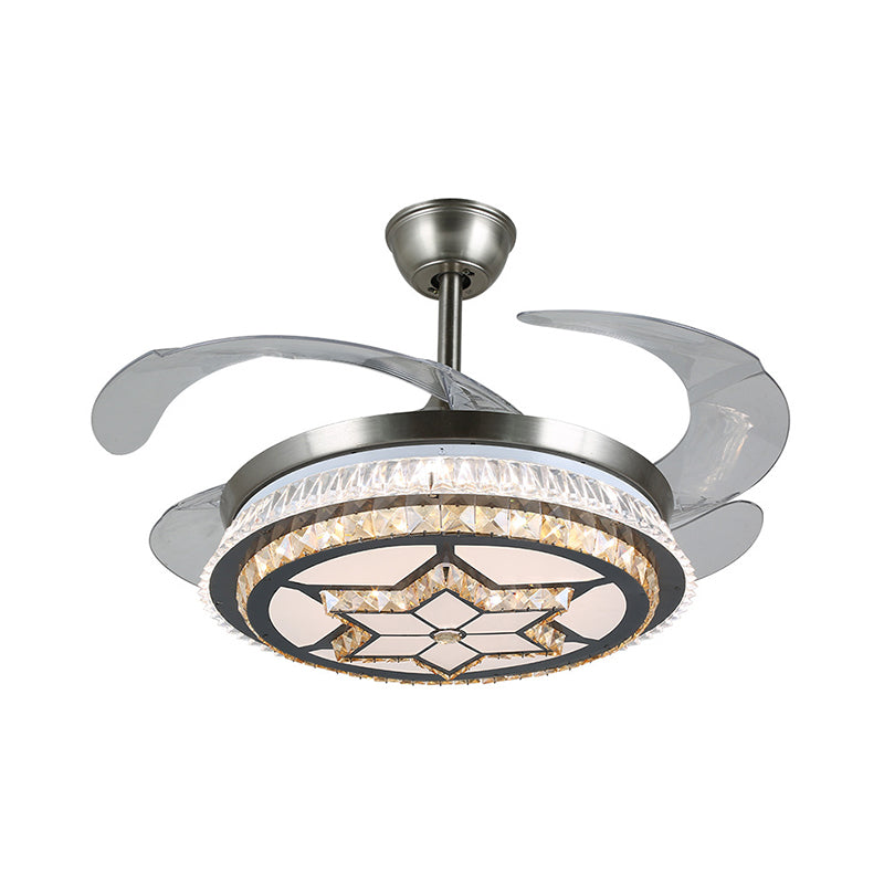 19" Width LED Semi Flush Mount Contemporary Round Clear Crystal Blocks 4 Blades Pendant Fan Lamp in Stainless-Steel with Rhombus/Six-Pointed Star Pattern Clearhalo 'Ceiling Fans with Lights' 'Ceiling Fans' 'Modern Ceiling Fans' 'Modern' Lighting' 1426244