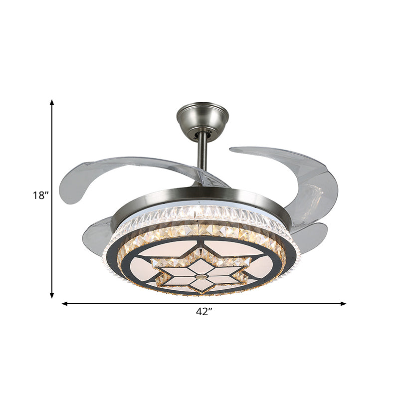 19" Width LED Semi Flush Mount Contemporary Round Clear Crystal Blocks 4 Blades Pendant Fan Lamp in Stainless-Steel with Rhombus/Six-Pointed Star Pattern Clearhalo 'Ceiling Fans with Lights' 'Ceiling Fans' 'Modern Ceiling Fans' 'Modern' Lighting' 1426245