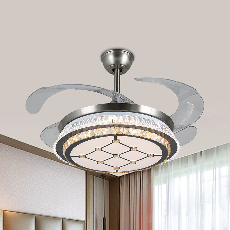 19" Width LED Semi Flush Mount Contemporary Round Clear Crystal Blocks 4 Blades Pendant Fan Lamp in Stainless-Steel with Rhombus/Six-Pointed Star Pattern Stainless-Steel C Clearhalo 'Ceiling Fans with Lights' 'Ceiling Fans' 'Modern Ceiling Fans' 'Modern' Lighting' 1426246