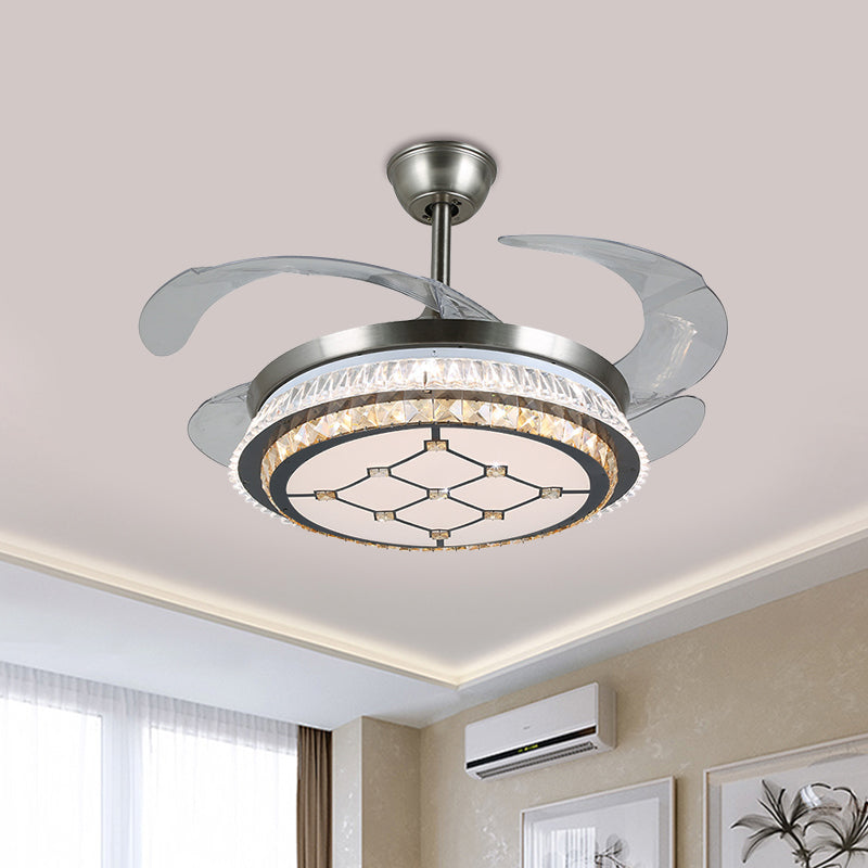 19" Width LED Semi Flush Mount Contemporary Round Clear Crystal Blocks 4 Blades Pendant Fan Lamp in Stainless-Steel with Rhombus/Six-Pointed Star Pattern Clearhalo 'Ceiling Fans with Lights' 'Ceiling Fans' 'Modern Ceiling Fans' 'Modern' Lighting' 1426247
