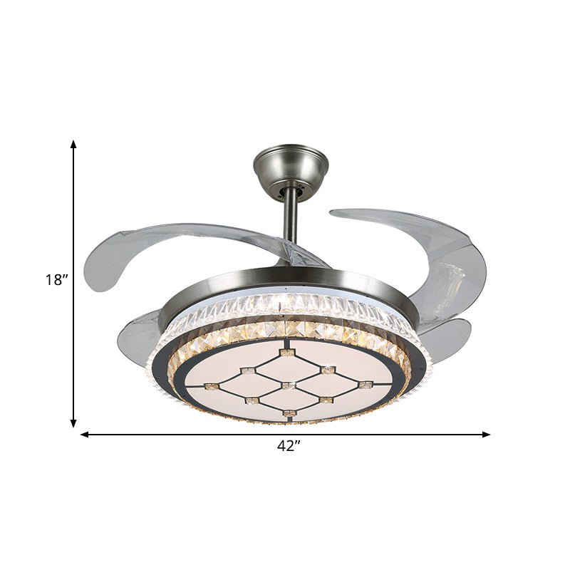 19" Width LED Semi Flush Mount Contemporary Round Clear Crystal Blocks 4 Blades Pendant Fan Lamp in Stainless-Steel with Rhombus/Six-Pointed Star Pattern Clearhalo 'Ceiling Fans with Lights' 'Ceiling Fans' 'Modern Ceiling Fans' 'Modern' Lighting' 1426250
