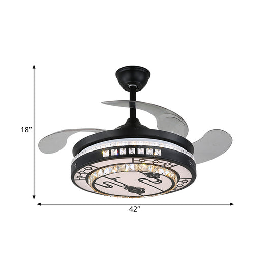 4 Blades LED Round Semi Flush Modern Black Finish Clear Square Crystals Hanging Fan Light, with Chinese Knot/Flower/Half Circular Pattern, 19 Wide Clearhalo 'Ceiling Fans with Lights' 'Ceiling Fans' 'Modern Ceiling Fans' 'Modern' Lighting' 1426268