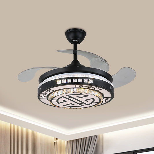 4 Blades LED Round Semi Flush Modern Black Finish Clear Square Crystals Hanging Fan Light, with Chinese Knot/Flower/Half Circular Pattern, 19 Wide Black B Clearhalo 'Ceiling Fans with Lights' 'Ceiling Fans' 'Modern Ceiling Fans' 'Modern' Lighting' 1426269