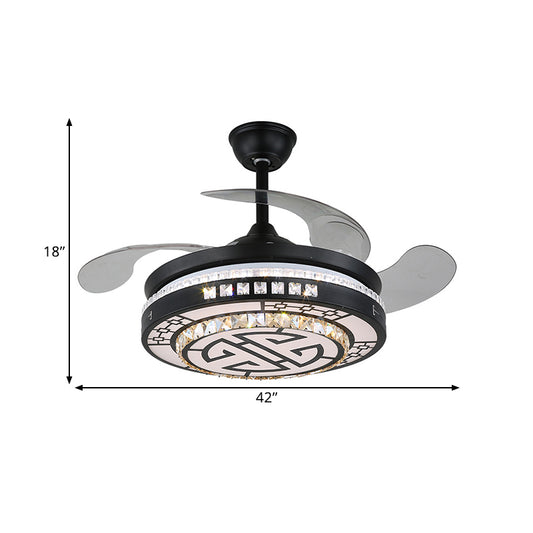 4 Blades LED Round Semi Flush Modern Black Finish Clear Square Crystals Hanging Fan Light, with Chinese Knot/Flower/Half Circular Pattern, 19 Wide Clearhalo 'Ceiling Fans with Lights' 'Ceiling Fans' 'Modern Ceiling Fans' 'Modern' Lighting' 1426273