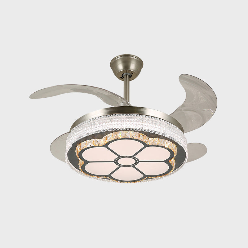 Stainless-Steel LED Semi Flush Light Contemporary Crystal Blocks Circular 4 Blades Ceiling Fan Lamp, 19" Width Clearhalo 'Ceiling Fans with Lights' 'Ceiling Fans' 'Modern Ceiling Fans' 'Modern' Lighting' 1426291