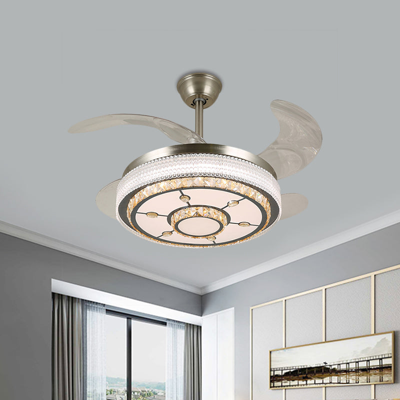 19" Wide Round Parlor Pendant Fan Lamp Modern Clear Crystal Blocks Stainless-Steel LED Semi Flush Stainless-Steel A Clearhalo 'Ceiling Fans with Lights' 'Ceiling Fans' 'Modern Ceiling Fans' 'Modern' Lighting' 1426298