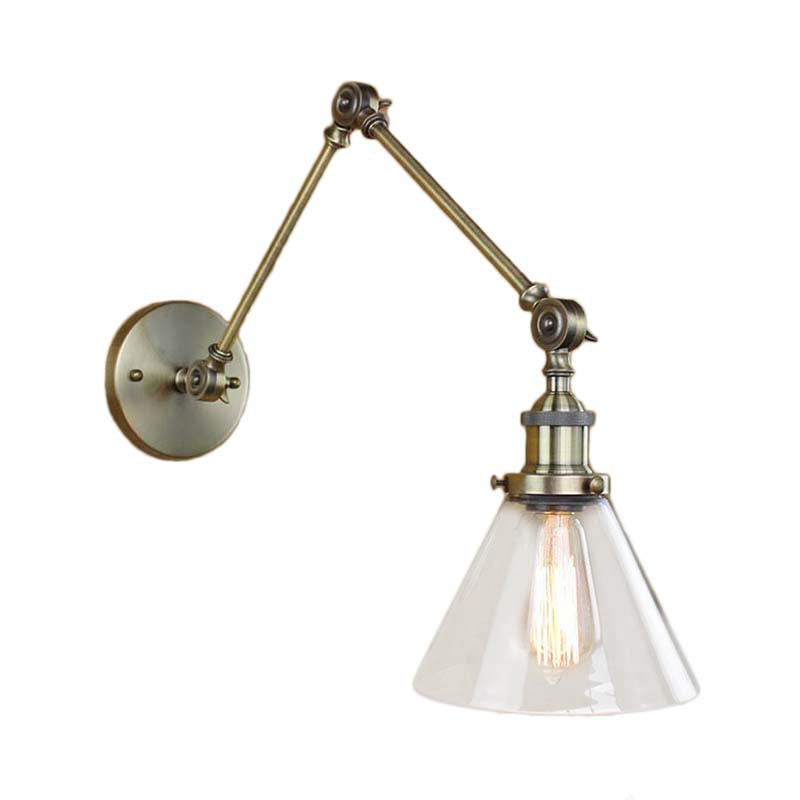 1 Light Tapered Sconce Light Fixture Vintage Style Satin Brass/Chrome/Antique Brass Clear Glass Wall Lamp for Living Room Clearhalo 'Art deco wall lights' 'Cast Iron' 'Glass' 'Industrial wall lights' 'Industrial' 'Middle century wall lights' 'Modern' 'Rustic wall lights' 'Tiffany' 'Traditional wall lights' 'Wall Lamps & Sconces' 'Wall Lights' Lighting' 142635