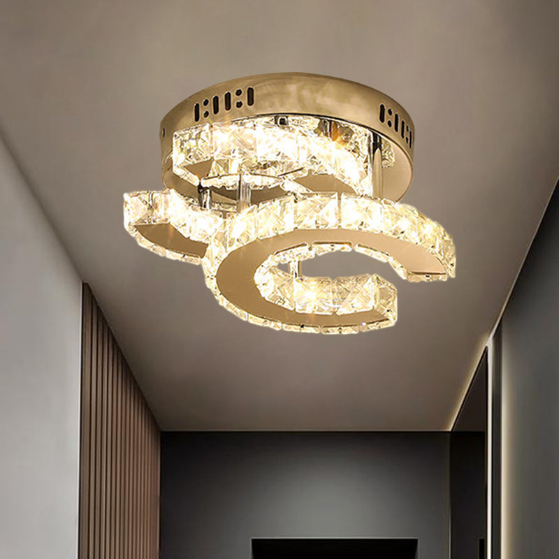 Round/Square/Semicircle Ceiling Mount Modern Clear Crystal Blocks LED Corridor Semi Light Fixture in Stainless-Steel Clearhalo 'Ceiling Lights' 'Close To Ceiling Lights' 'Close to ceiling' 'Semi-flushmount' Lighting' 1426359