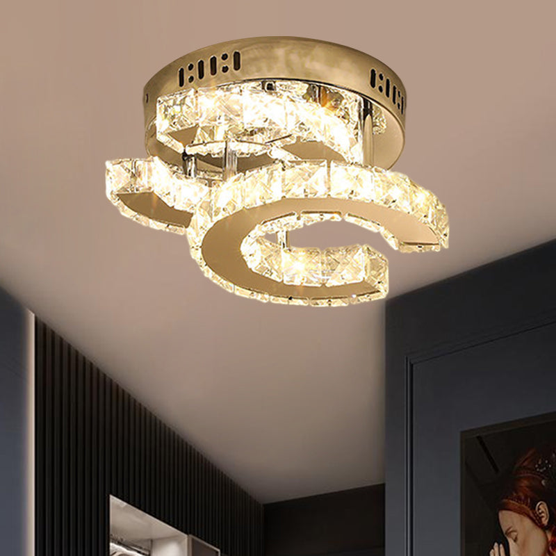 Round/Square/Semicircle Ceiling Mount Modern Clear Crystal Blocks LED Corridor Semi Light Fixture in Stainless-Steel Clearhalo 'Ceiling Lights' 'Close To Ceiling Lights' 'Close to ceiling' 'Semi-flushmount' Lighting' 1426360