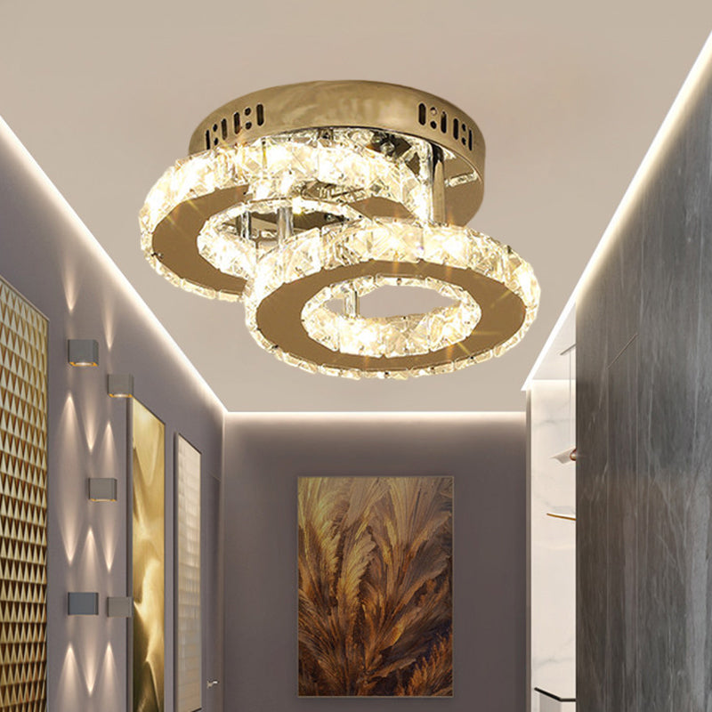 Round/Square/Semicircle Ceiling Mount Modern Clear Crystal Blocks LED Corridor Semi Light Fixture in Stainless-Steel Clearhalo 'Ceiling Lights' 'Close To Ceiling Lights' 'Close to ceiling' 'Semi-flushmount' Lighting' 1426364