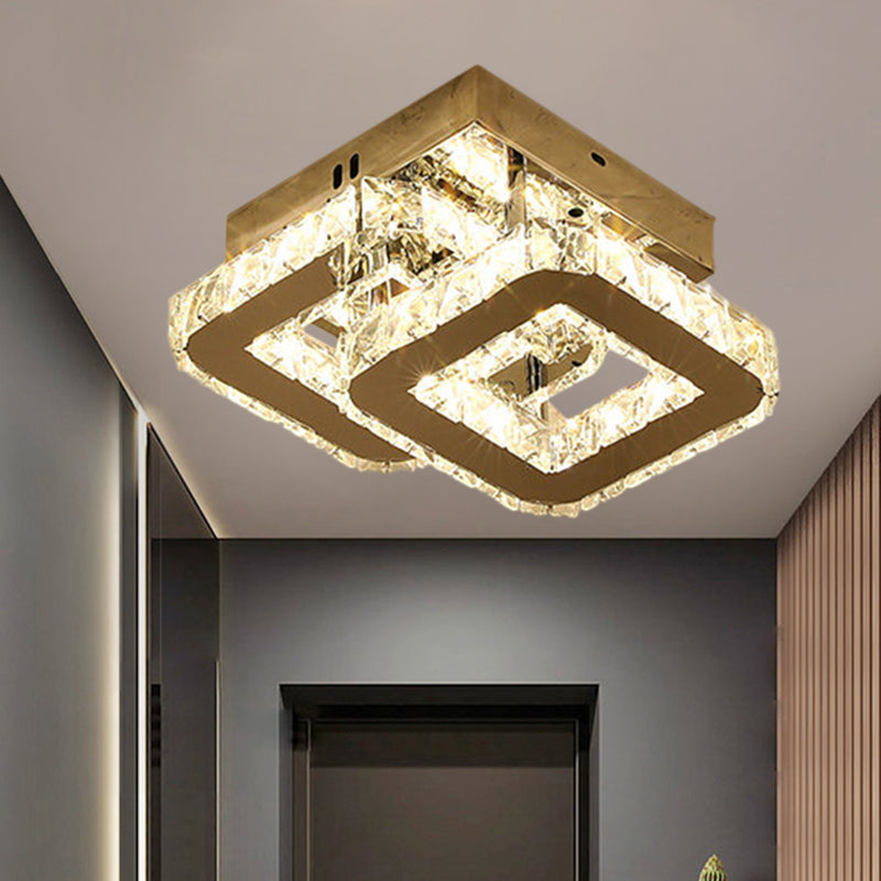 Round/Square/Semicircle Ceiling Mount Modern Clear Crystal Blocks LED Corridor Semi Light Fixture in Stainless-Steel Stainless-Steel Square Clearhalo 'Ceiling Lights' 'Close To Ceiling Lights' 'Close to ceiling' 'Semi-flushmount' Lighting' 1426368