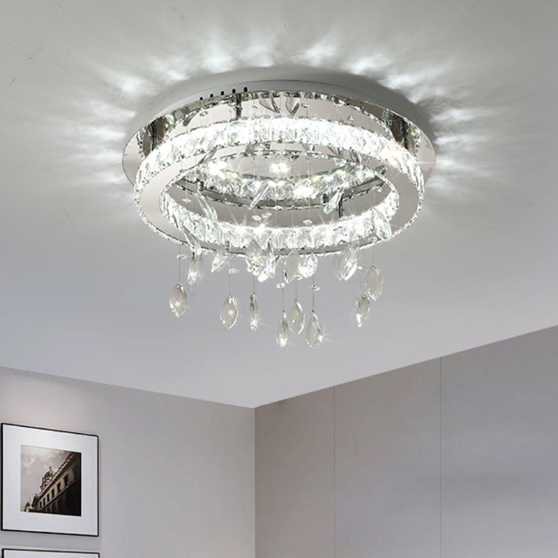 LED Ring Semi Flush Contemporary Stainless-Steel Clear Rectangular-Cut Crystals Ceiling Mount with Leaf Droplet - Clearhalo - 'Ceiling Lights' - 'Close To Ceiling Lights' - 'Close to ceiling' - 'Semi-flushmount' - Lighting' - 1426374