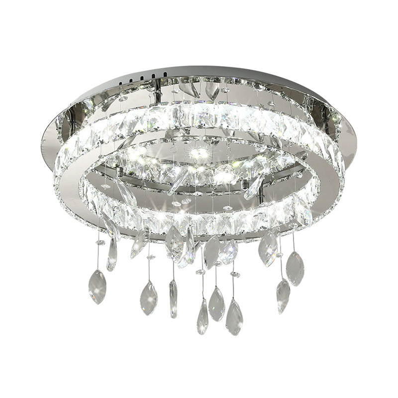 LED Ring Semi Flush Contemporary Stainless-Steel Clear Rectangular-Cut Crystals Ceiling Mount with Leaf Droplet - Clearhalo - 'Ceiling Lights' - 'Close To Ceiling Lights' - 'Close to ceiling' - 'Semi-flushmount' - Lighting' - 1426375