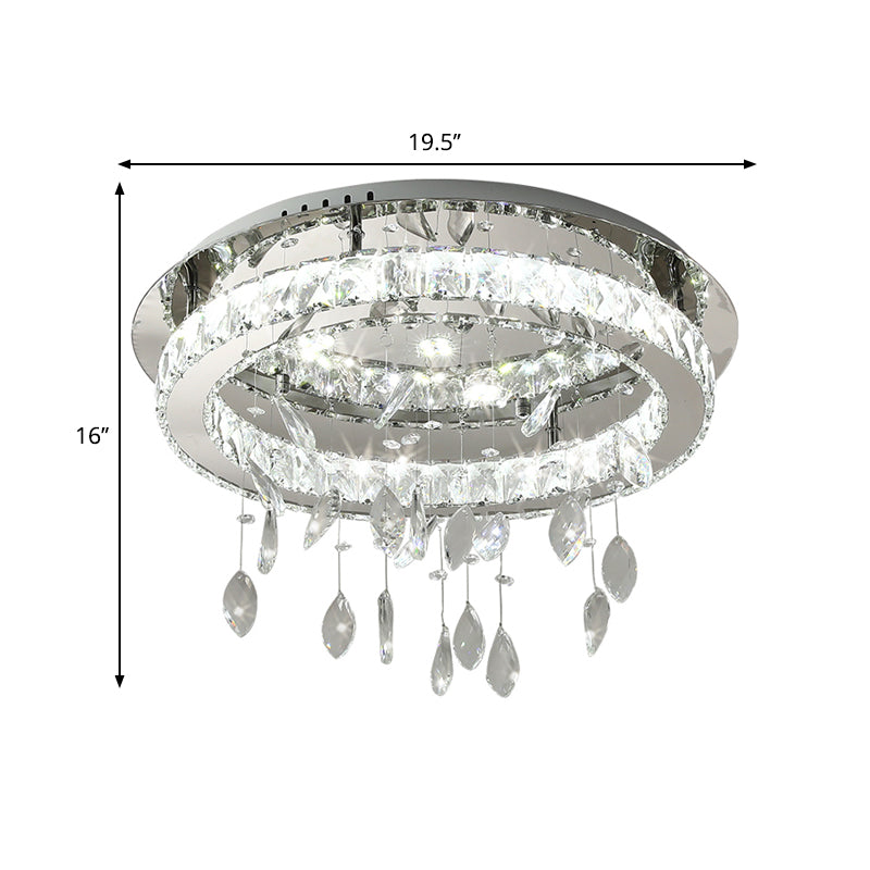 LED Ring Semi Flush Contemporary Stainless-Steel Clear Rectangular-Cut Crystals Ceiling Mount with Leaf Droplet - Clearhalo - 'Ceiling Lights' - 'Close To Ceiling Lights' - 'Close to ceiling' - 'Semi-flushmount' - Lighting' - 1426376