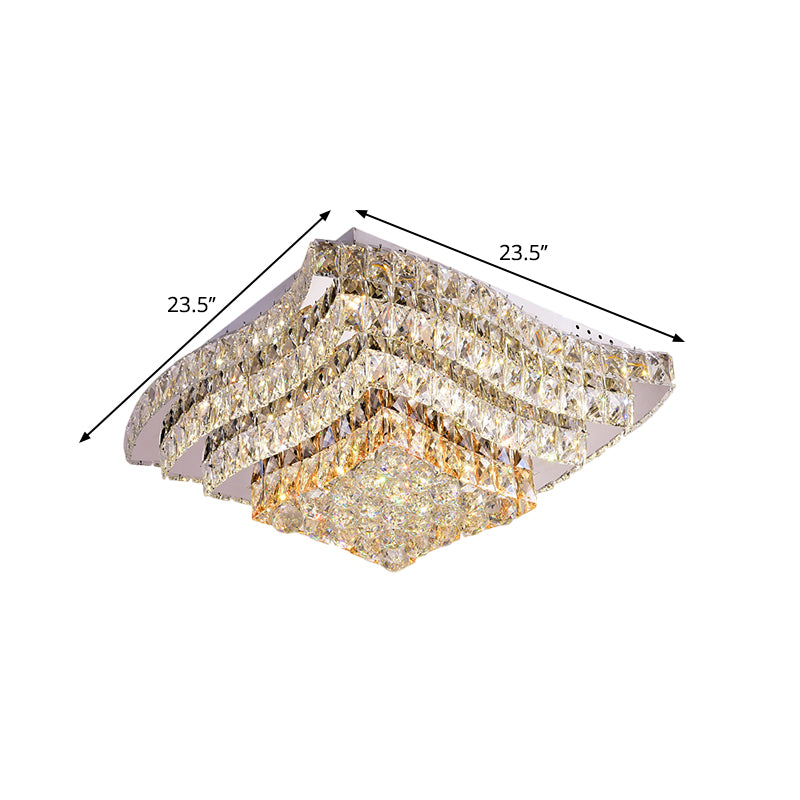Wavy-Side Square Bedroom Flush Mount Modern Clear Crystal Blocks Stainless-Steel LED Ceiling Lighting Fixture Clearhalo 'Ceiling Lights' 'Close To Ceiling Lights' 'Close to ceiling' 'Flush mount' Lighting' 1426380