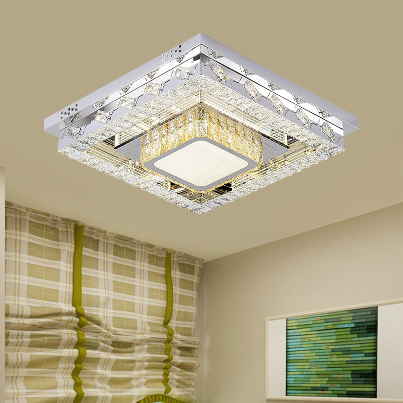 Clear Crystal Blocks LED Flush Mount Contemporary Stainless-Steel Square/Circular Parlor Ceiling Light Fixture - Stainless-Steel - Square Plate - Clearhalo - 'Ceiling Lights' - 'Close To Ceiling Lights' - 'Close to ceiling' - 'Flush mount' - Lighting' - 1426385