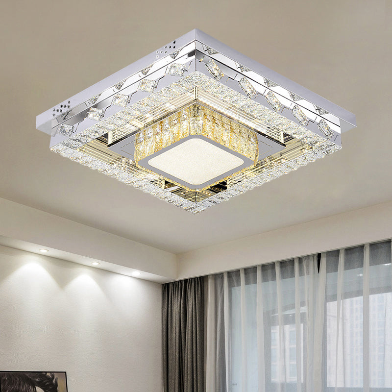 Clear Crystal Blocks LED Flush Mount Contemporary Stainless-Steel Square/Circular Parlor Ceiling Light Fixture - Clearhalo - 'Ceiling Lights' - 'Close To Ceiling Lights' - 'Close to ceiling' - 'Flush mount' - Lighting' - 1426387