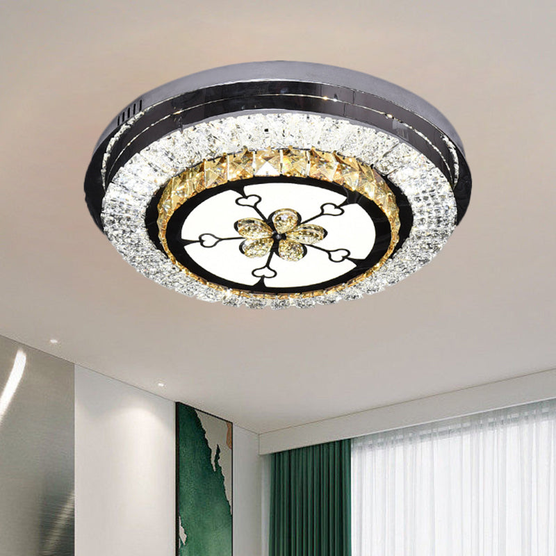 Stainless-Steel LED Flush Mount Modern Clear Rectangular-Cut Crystals Round Ceiling Lamp with Flower/Musical Note/Spiral/Linear Pattern Stainless-Steel Flower Clearhalo 'Ceiling Lights' 'Close To Ceiling Lights' 'Close to ceiling' 'Flush mount' Lighting' 1426451