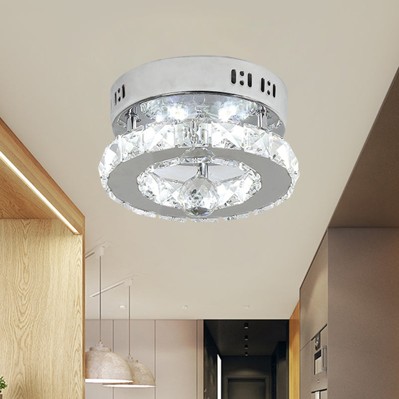 Clear Beveled Crystals Stainless-Steel Semi Flush Round LED Contemporary Lighting Fixture in White/Warm Light - Clearhalo - 'Ceiling Lights' - 'Close To Ceiling Lights' - 'Close to ceiling' - 'Semi-flushmount' - Lighting' - 1426489