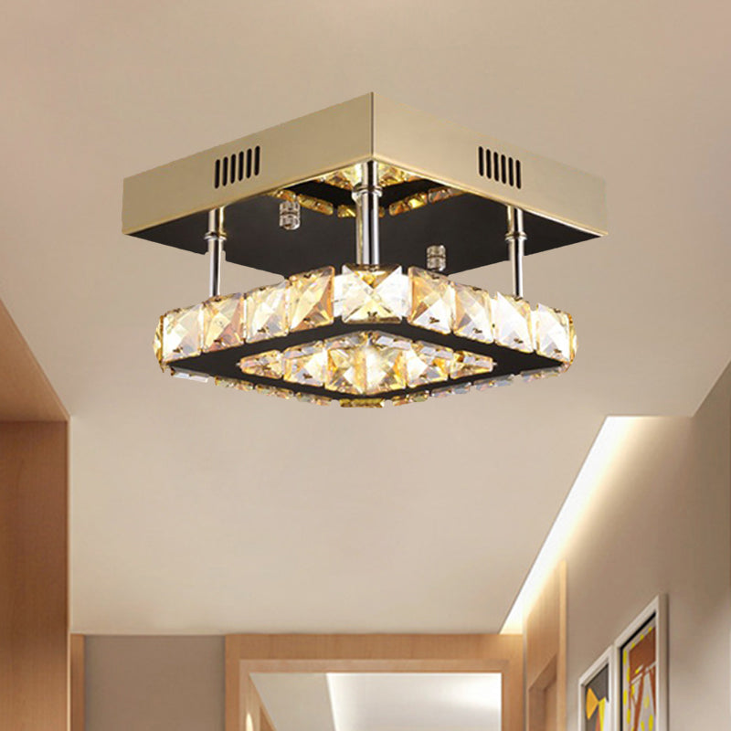 LED Square Ceiling Lamp Modern Gold/Stainless-Steel Clear Faceted Crystal Blocks Semi Flush Mount in White/Warm Light - Clearhalo - 'Ceiling Lights' - 'Close To Ceiling Lights' - 'Close to ceiling' - 'Semi-flushmount' - Lighting' - 1426493
