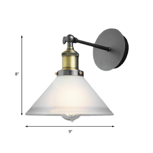 Industrial Cone Wall Lighting Fixture 1 Bulb Frosted Glass Sconce Light in Antique Brass Clearhalo 'Art deco wall lights' 'Cast Iron' 'Glass' 'Industrial wall lights' 'Industrial' 'Middle century wall lights' 'Modern' 'Rustic wall lights' 'Tiffany' 'Traditional wall lights' 'Wall Lamps & Sconces' 'Wall Lights' Lighting' 142649
