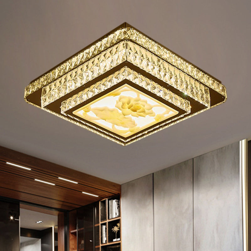 Stainless-Steel Square Flush Mount Fixture Modern Clear Rectangular-Cut Crystals Bedroom LED Ceiling Light Stainless-Steel Clearhalo 'Ceiling Lights' 'Close To Ceiling Lights' 'Close to ceiling' 'Flush mount' Lighting' 1426500