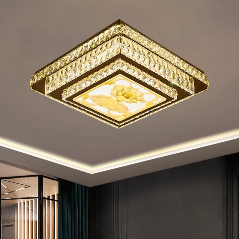 Stainless-Steel Square Flush Mount Fixture Modern Clear Rectangular-Cut Crystals Bedroom LED Ceiling Light Clearhalo 'Ceiling Lights' 'Close To Ceiling Lights' 'Close to ceiling' 'Flush mount' Lighting' 1426501