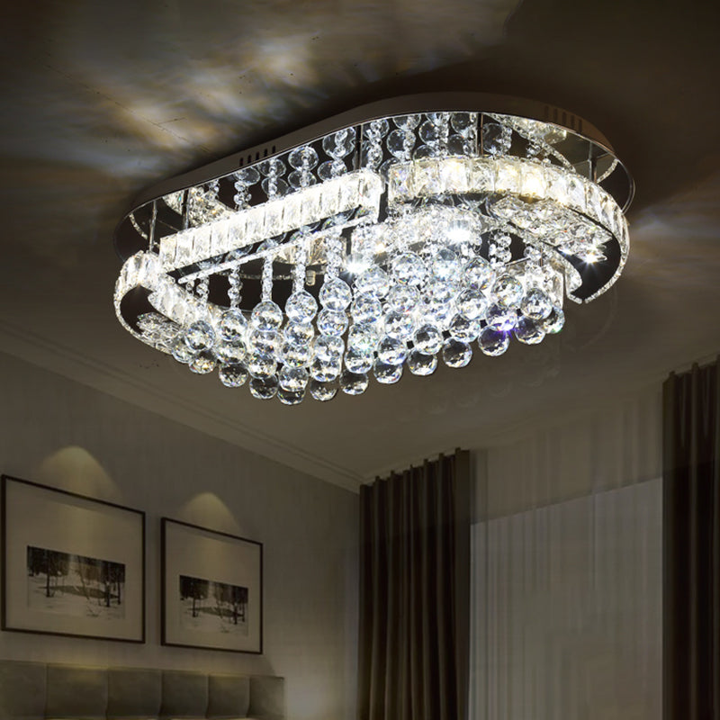 Stainless-Steel LED Light Fixture Contemporary Clear Cut Crystal Blocks Oval Semi Flush with Ball Droplets Stainless-Steel Clearhalo 'Ceiling Lights' 'Close To Ceiling Lights' 'Close to ceiling' 'Semi-flushmount' Lighting' 1426507