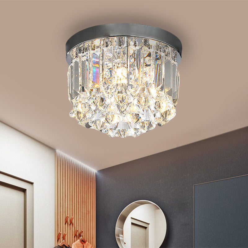 Silver Drum Flush Mount Modern Clear Crystal Prisms and Draping 3/4 Heads Corridor Lighting Fixture, 10"/14" Wide Silver Clearhalo 'Ceiling Lights' 'Close To Ceiling Lights' 'Close to ceiling' 'Flush mount' Lighting' 1426549