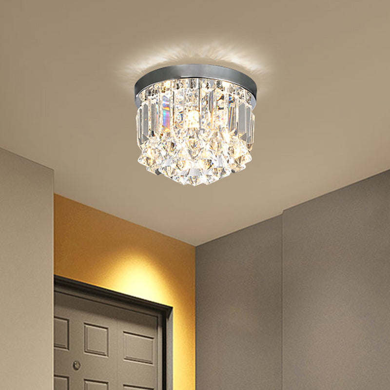 Silver Drum Flush Mount Modern Clear Crystal Prisms and Draping 3/4 Heads Corridor Lighting Fixture, 10"/14" Wide Clearhalo 'Ceiling Lights' 'Close To Ceiling Lights' 'Close to ceiling' 'Flush mount' Lighting' 1426550