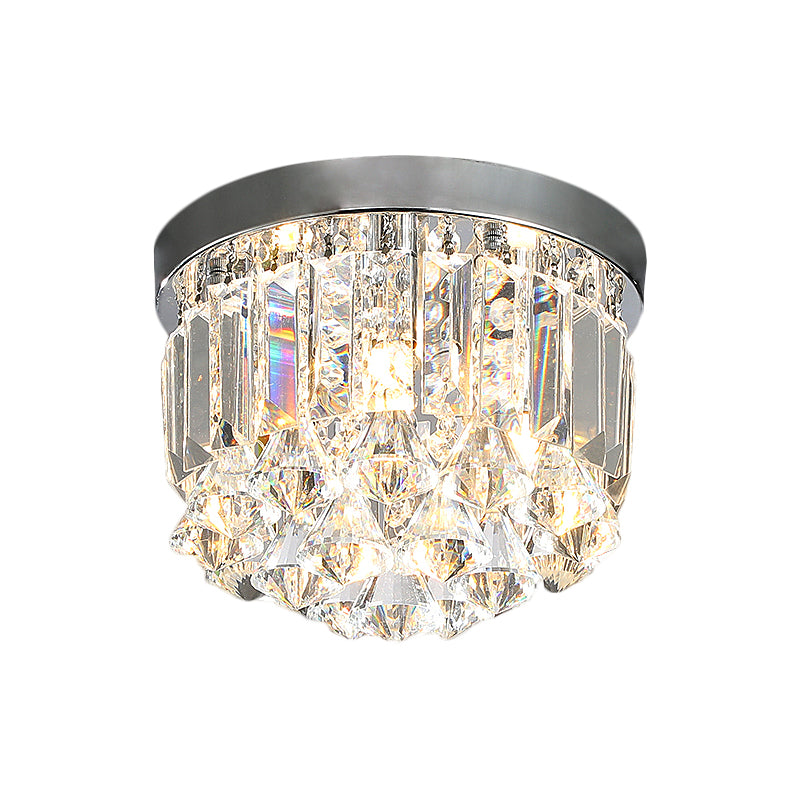 Silver Drum Flush Mount Modern Clear Crystal Prisms and Draping 3/4 Heads Corridor Lighting Fixture, 10"/14" Wide Clearhalo 'Ceiling Lights' 'Close To Ceiling Lights' 'Close to ceiling' 'Flush mount' Lighting' 1426551