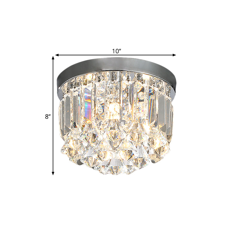 Silver Drum Flush Mount Modern Clear Crystal Prisms and Draping 3/4 Heads Corridor Lighting Fixture, 10"/14" Wide Clearhalo 'Ceiling Lights' 'Close To Ceiling Lights' 'Close to ceiling' 'Flush mount' Lighting' 1426552